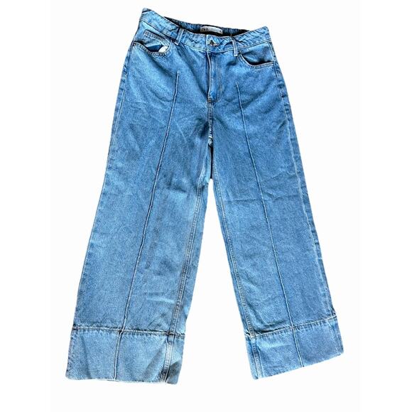 Zara Logo High-Waisted Cropped Wide Leg Jean Sz 6 Blue For Womens Cotton 100% - Picture 4 of 16